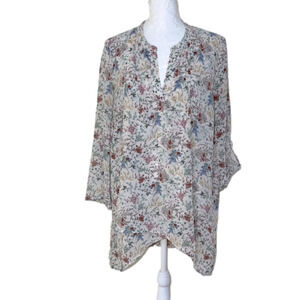 DR2 by Daniel Rainn Multi-Color Floral 3/4 Sleeve Split Neck Tunic Blouse-Sz Med
